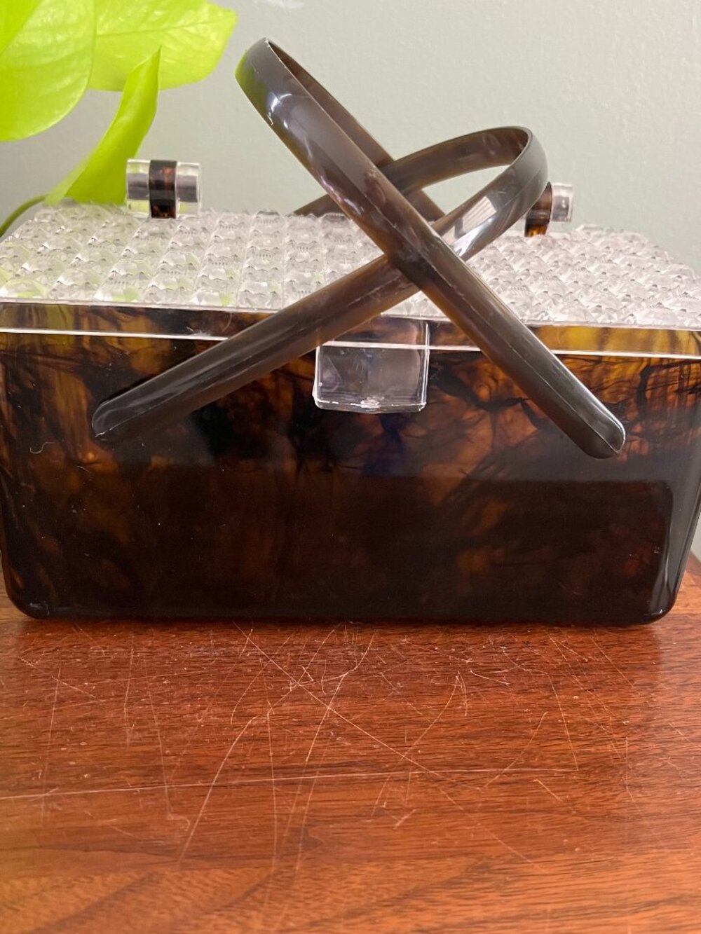 Vintage Case Vanity Faux Tortoisehell Lucite Box Purse Make-up Clear Top 1960s